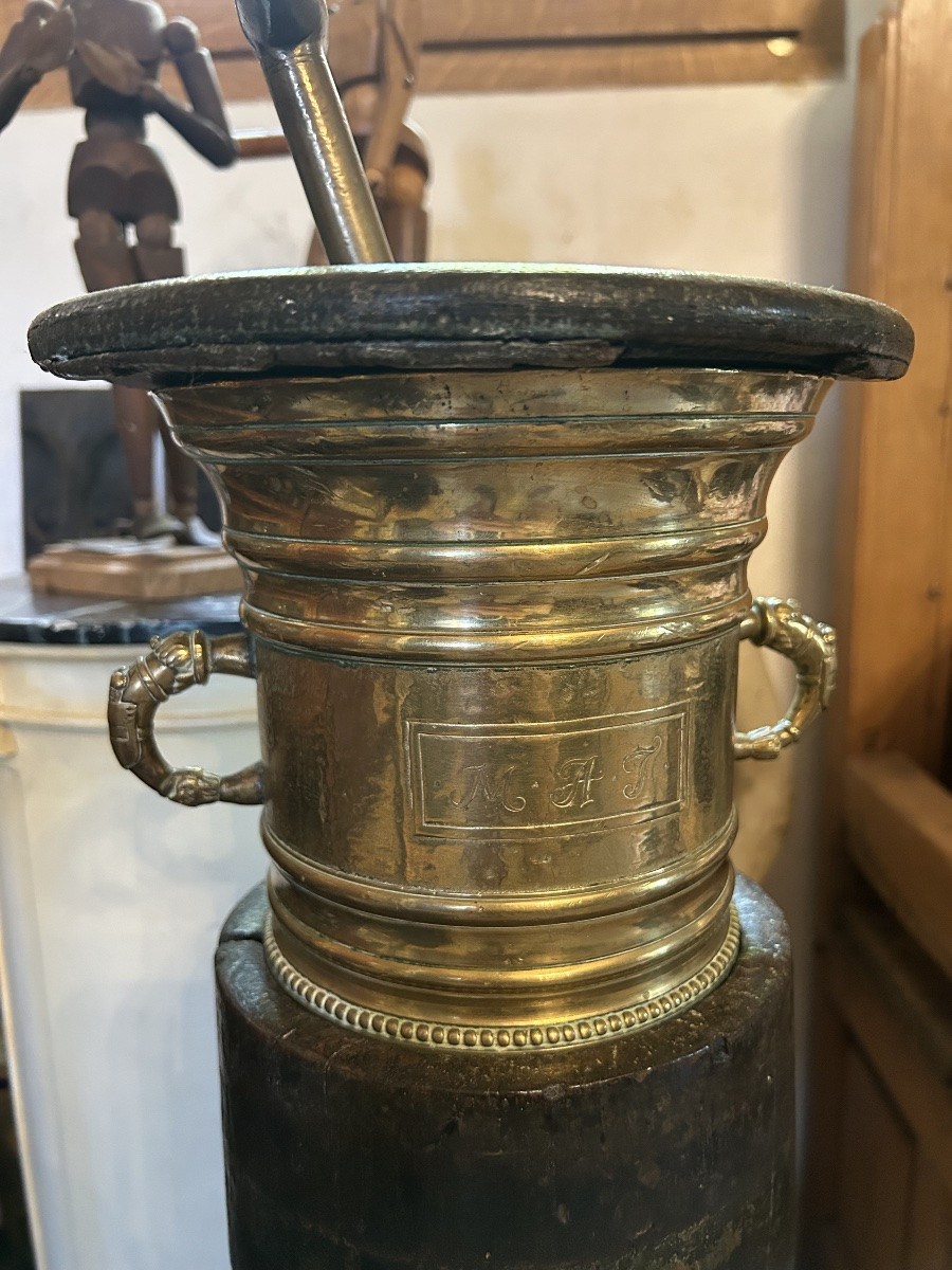 Large Bronze Apothecary Mortar On Original Base, 1794-photo-2