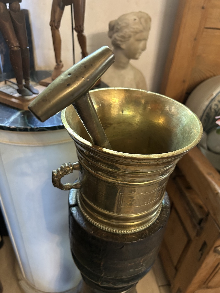 Large Bronze Apothecary Mortar On Original Base, 1794-photo-4