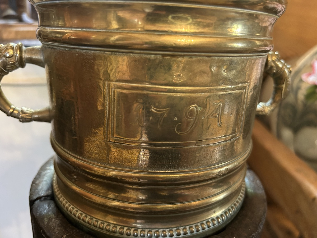 Large Bronze Apothecary Mortar On Original Base, 1794-photo-3