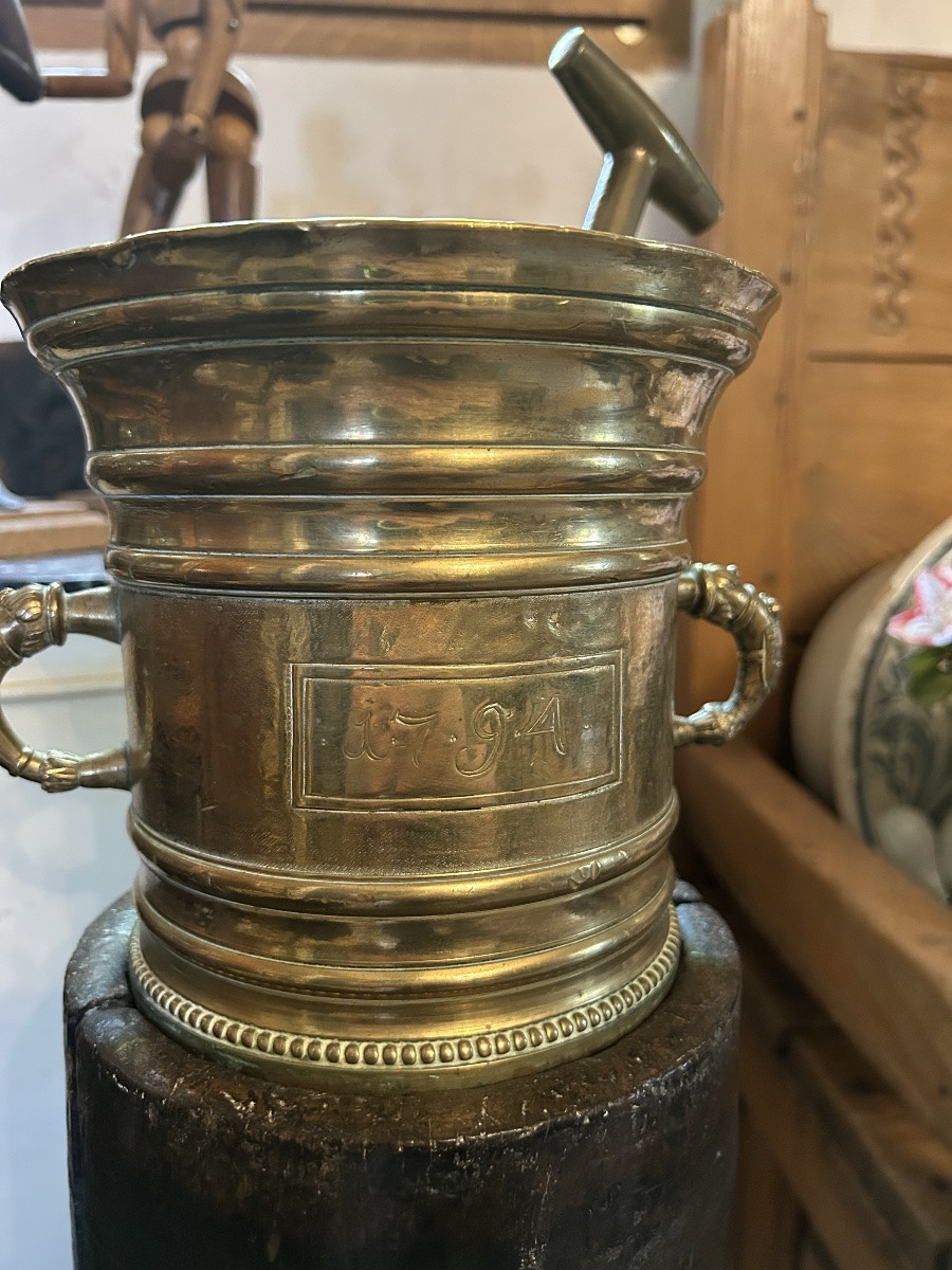 Large Bronze Apothecary Mortar On Original Base, 1794-photo-4