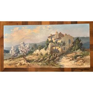 Fortuné Car (1905 - 1970) Oil On Hardboard, Shepherd And His Sheep In Provence
