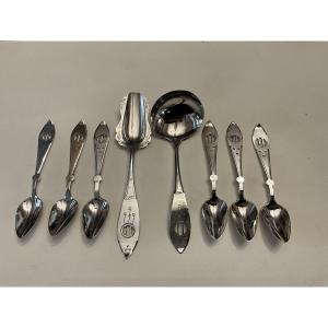 6 Mocha Spoons + Sugar Spoon + Small Cream Or Jam Ladle, Dutch Silver