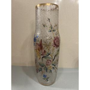 Montjoye / Legras , grand vase en verre givré et émail Art Nouveau