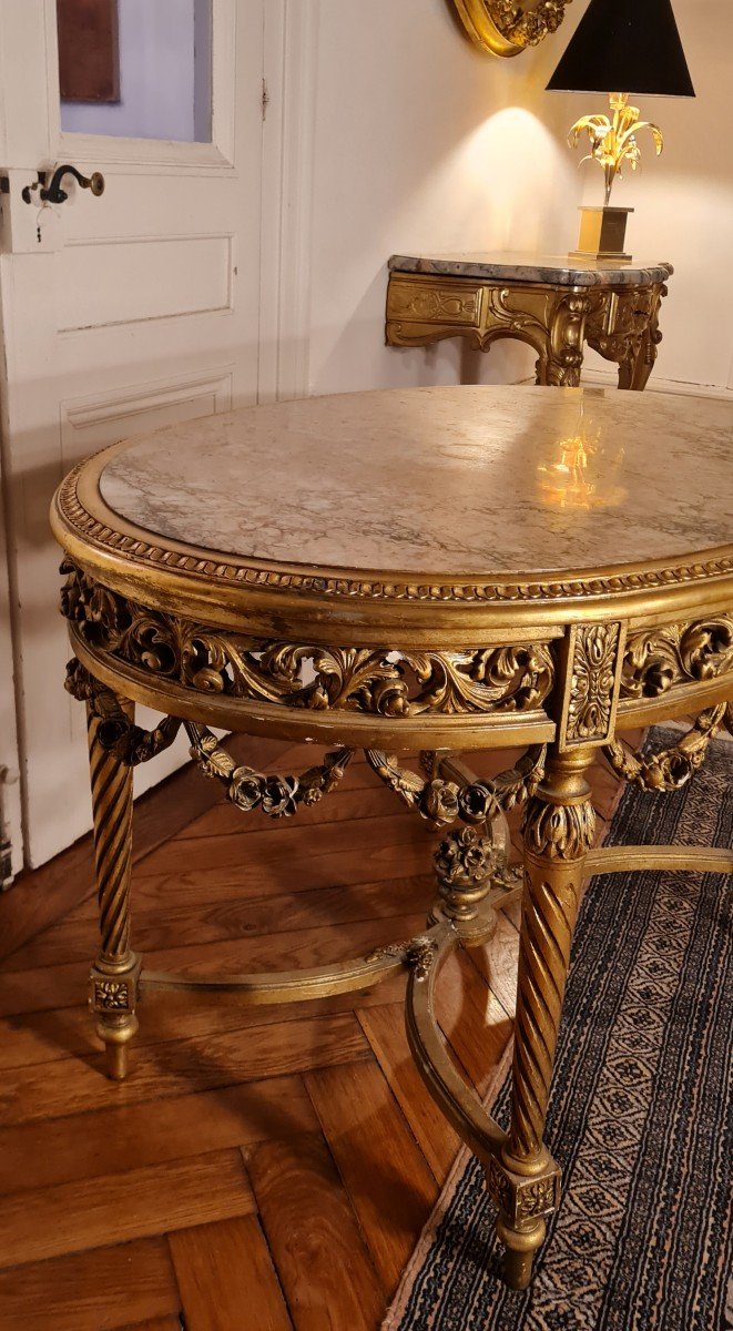 Table De Milieu Ovale En Bois Doré Napoléon III Style Louis XVI -photo-2