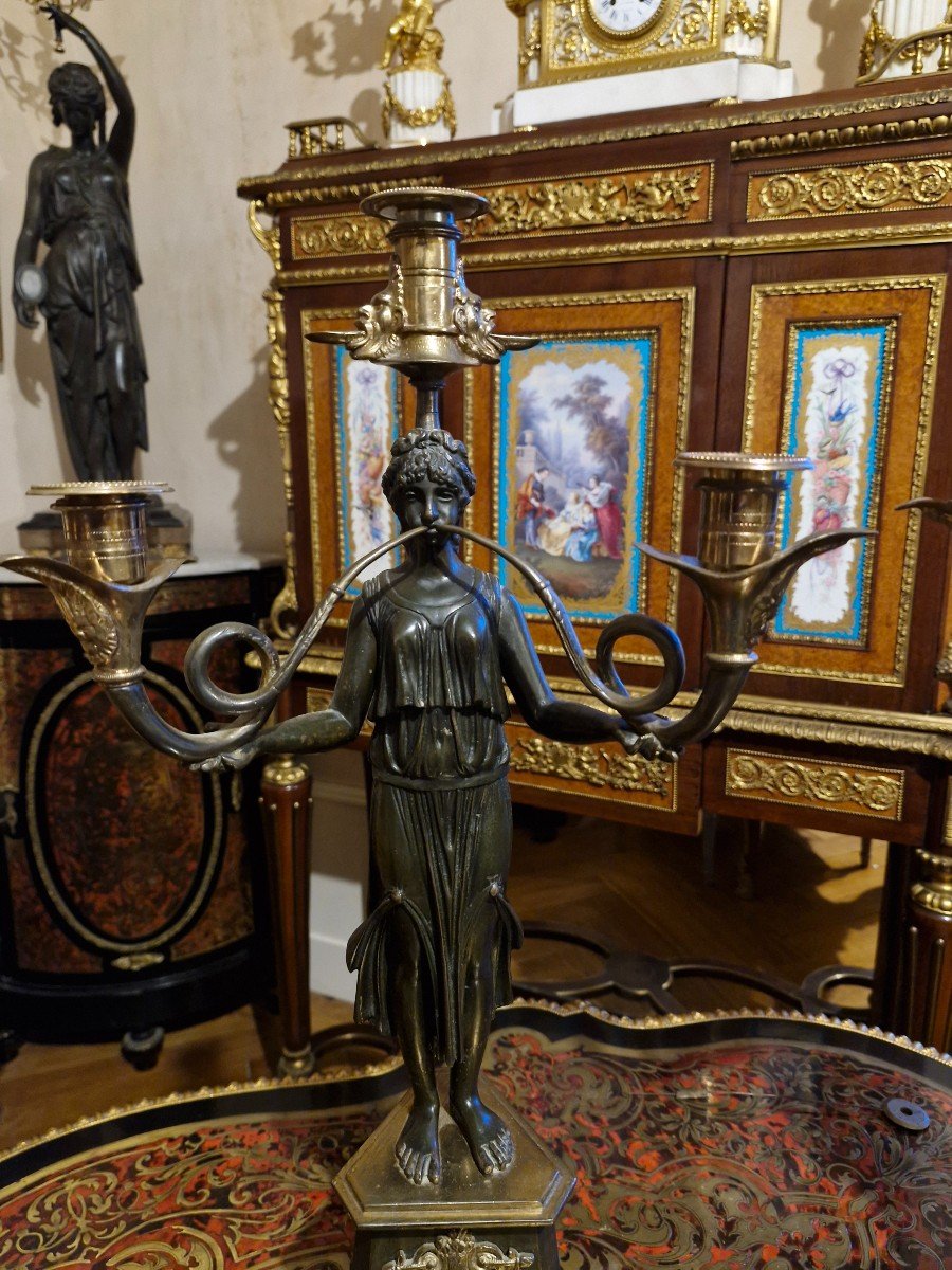 Pair Of 19th Century Empire Style Bronze Candelabra -photo-3