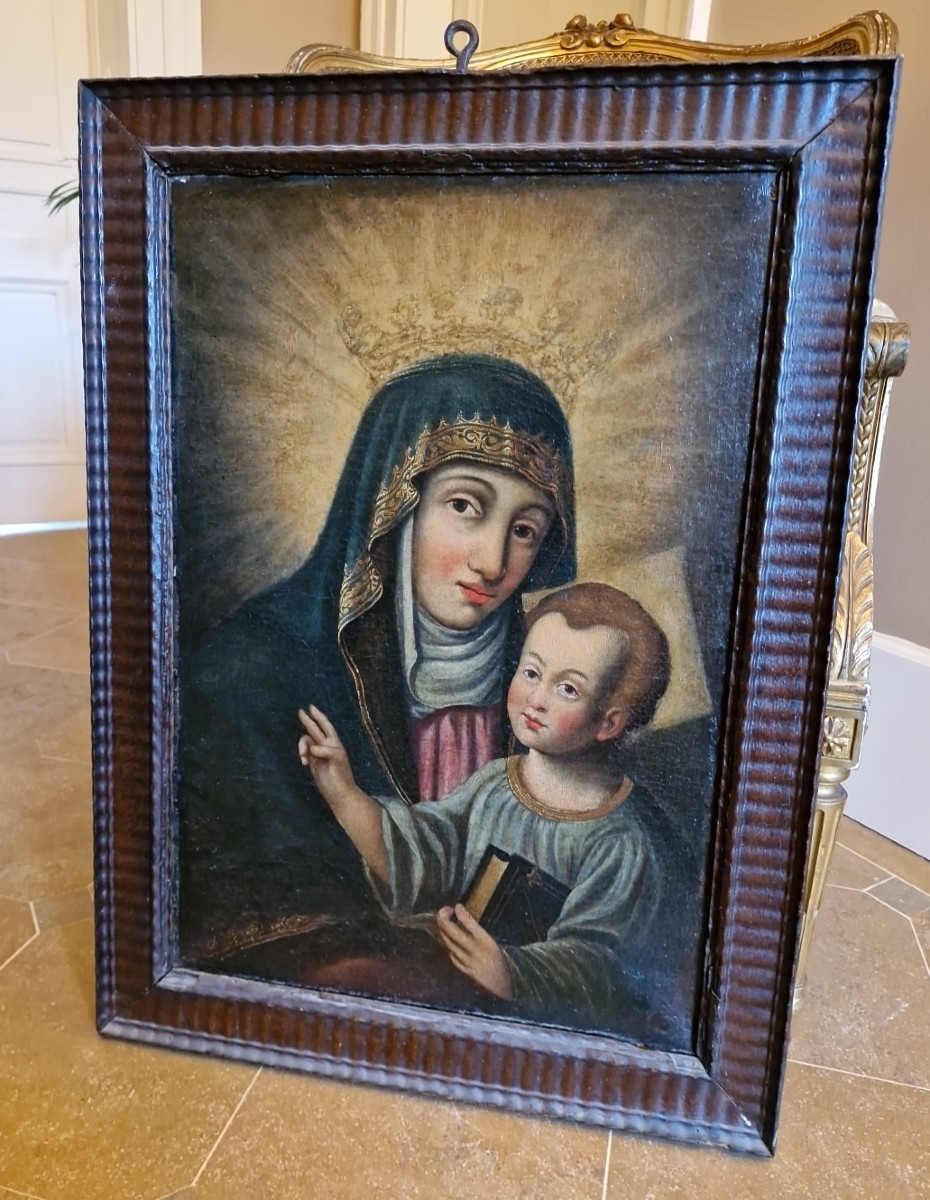 Huile Sur Toile Vierge à l'Enfant XVIII ème S 