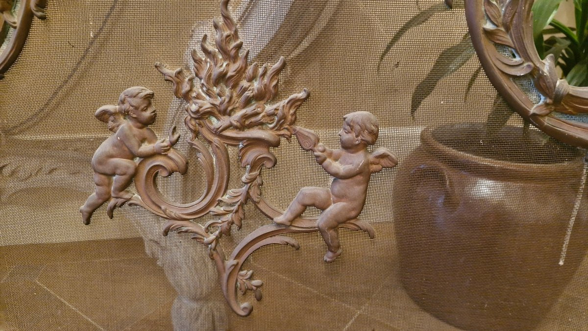 Bronze Fire Screen, Napoleon III Cherub Decor-photo-2