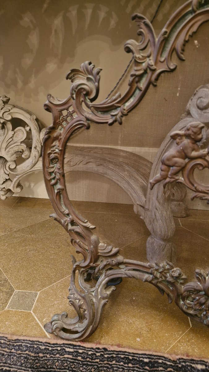 Bronze Fire Screen, Napoleon III Cherub Decor-photo-3