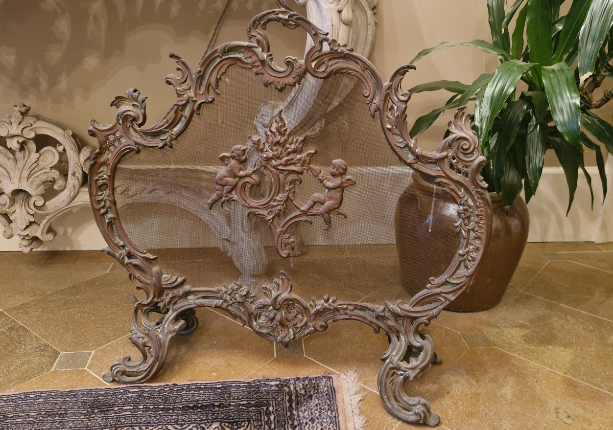 Bronze Fire Screen, Napoleon III Cherub Decor