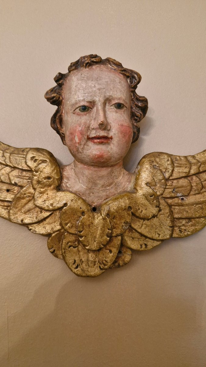 18th Century, Carved And Gilded Wooden Angel Head-photo-2