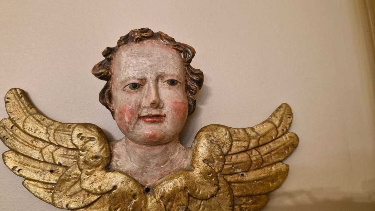 18th Century, Carved And Gilded Wooden Angel Head-photo-4