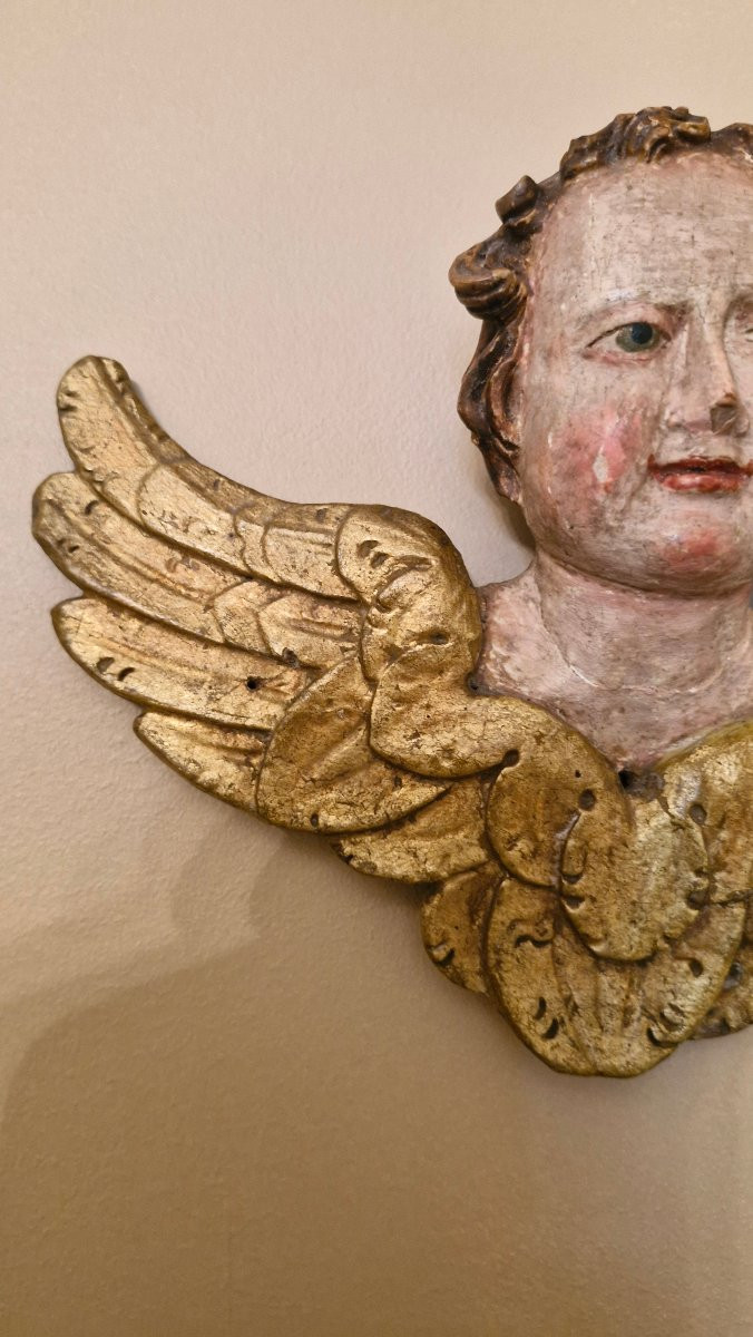 18th Century, Carved And Gilded Wooden Angel Head-photo-1