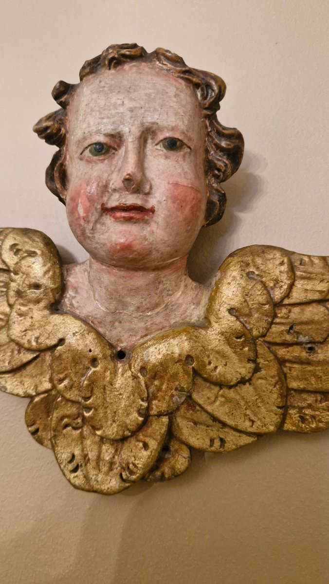 18th Century, Carved And Gilded Wooden Angel Head-photo-2