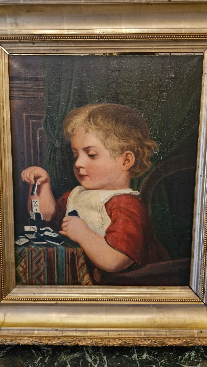 Peinture, huile sur toile, enfant jouant aux dominos-photo-2