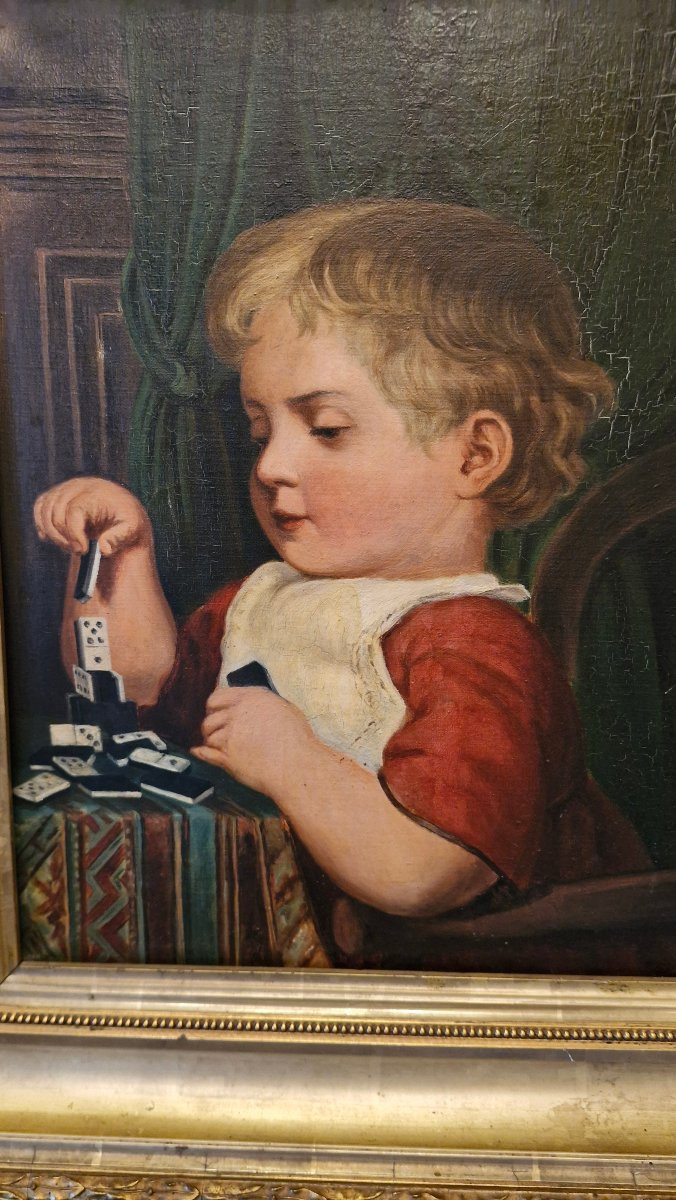 Peinture, huile sur toile, enfant jouant aux dominos-photo-3