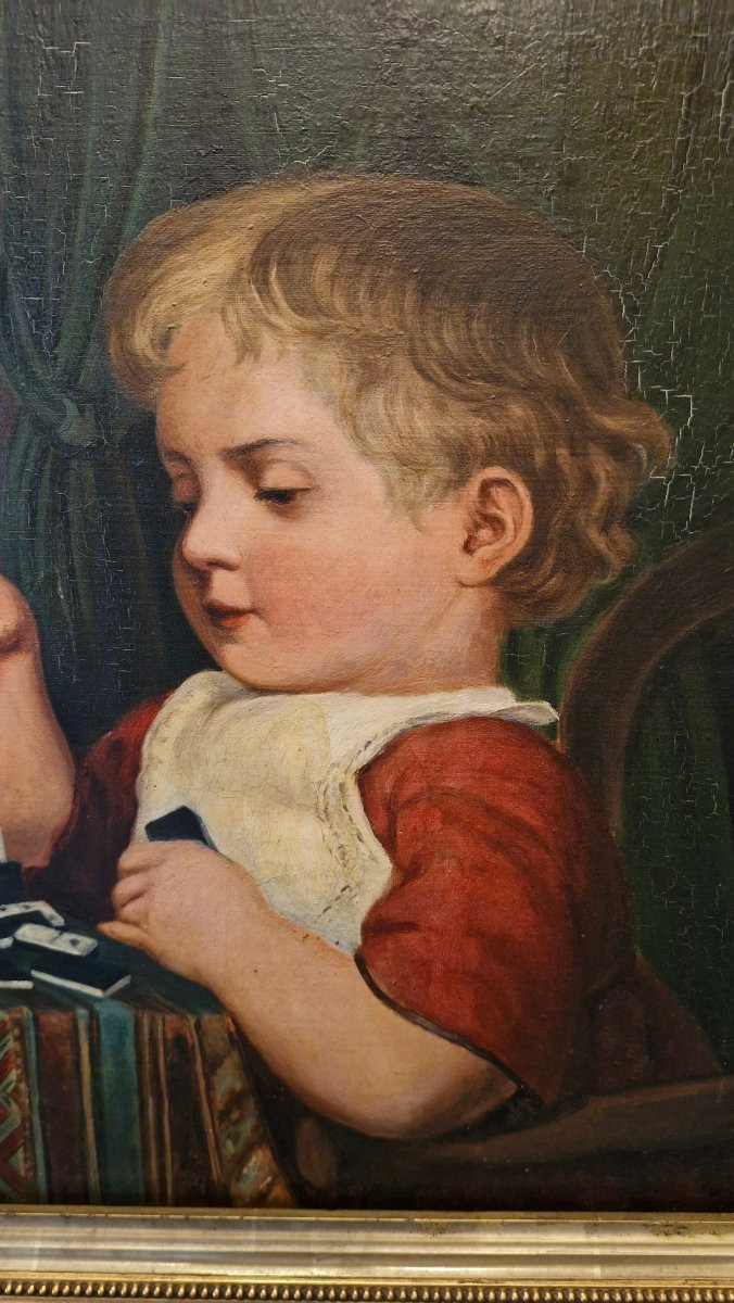 Peinture, huile sur toile, enfant jouant aux dominos-photo-4