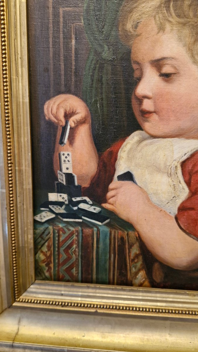 Peinture, huile sur toile, enfant jouant aux dominos-photo-1