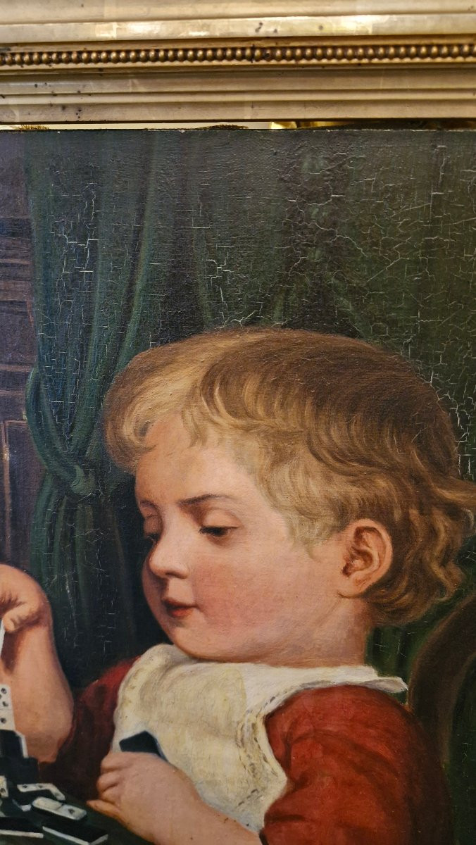 Peinture, huile sur toile, enfant jouant aux dominos-photo-3