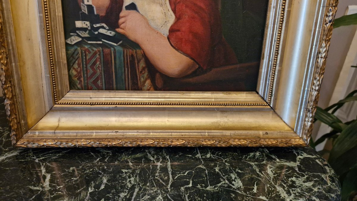 Peinture, huile sur toile, enfant jouant aux dominos-photo-4