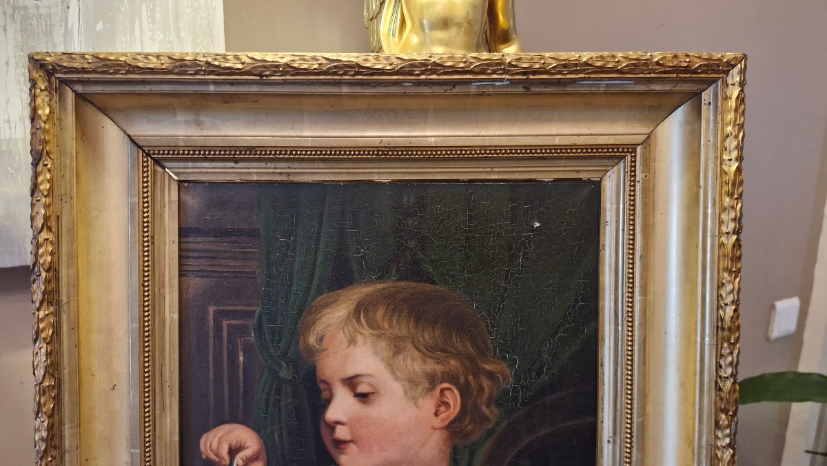 Peinture, huile sur toile, enfant jouant aux dominos-photo-5