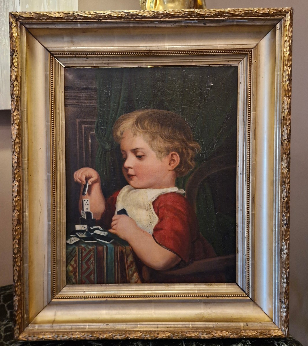 Peinture, huile sur toile, enfant jouant aux dominos