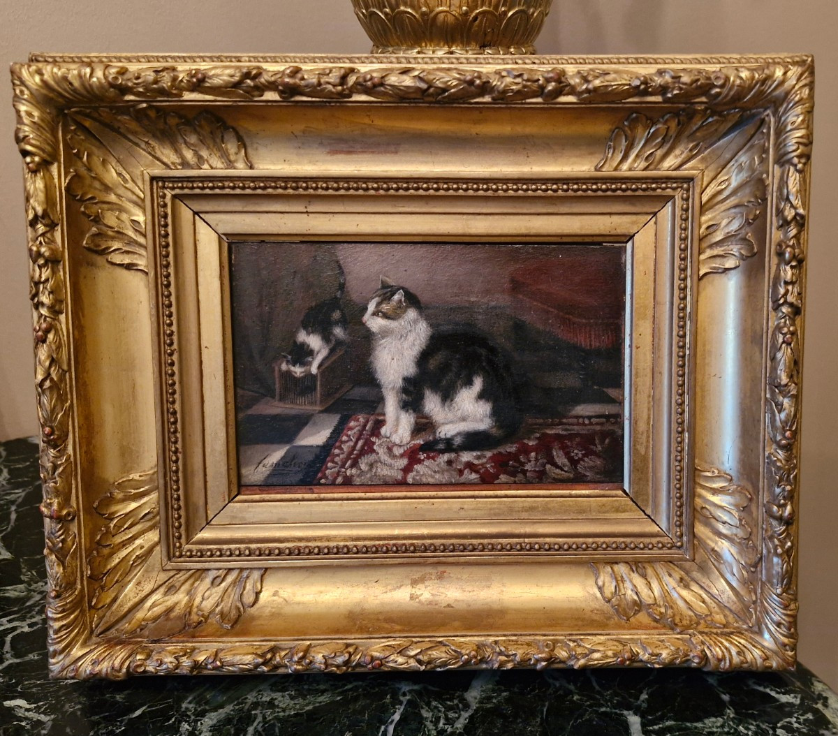 Oil On Wood Representing Cats