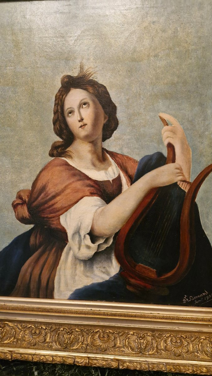 Huile sur toile femme à la lyre-photo-2
