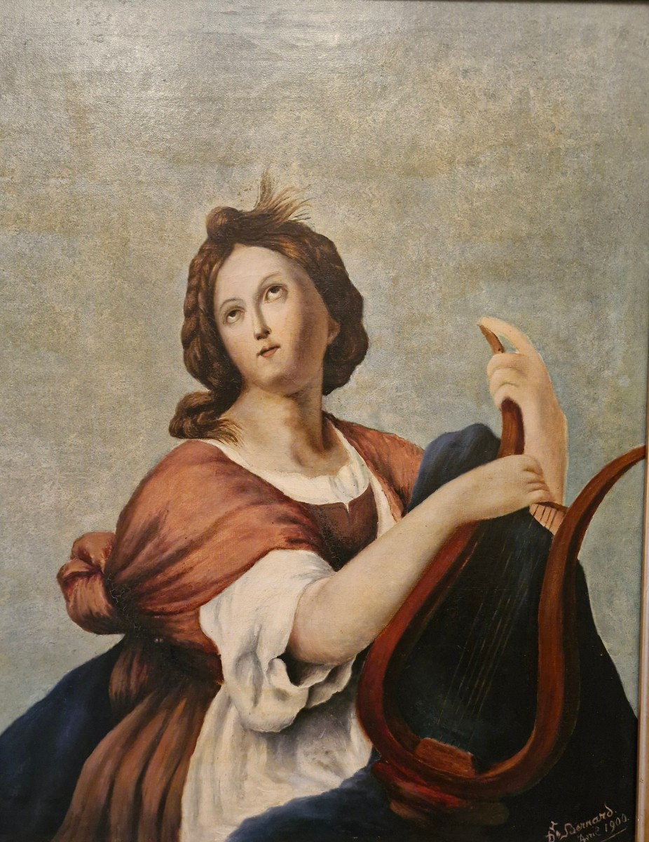 Huile sur toile femme à la lyre