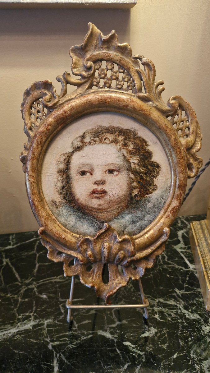 Pair Of Cherub Head Paintings, Gilded Frame-photo-3