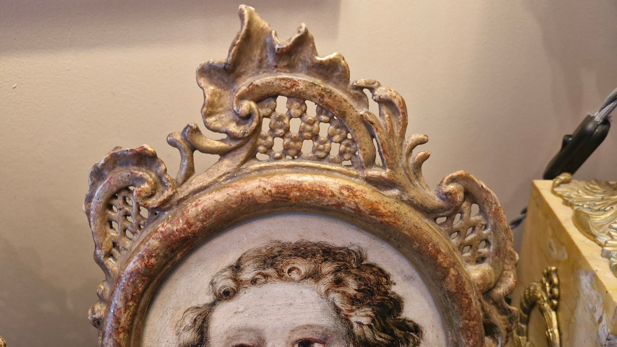 Pair Of Cherub Head Paintings, Gilded Frame-photo-2