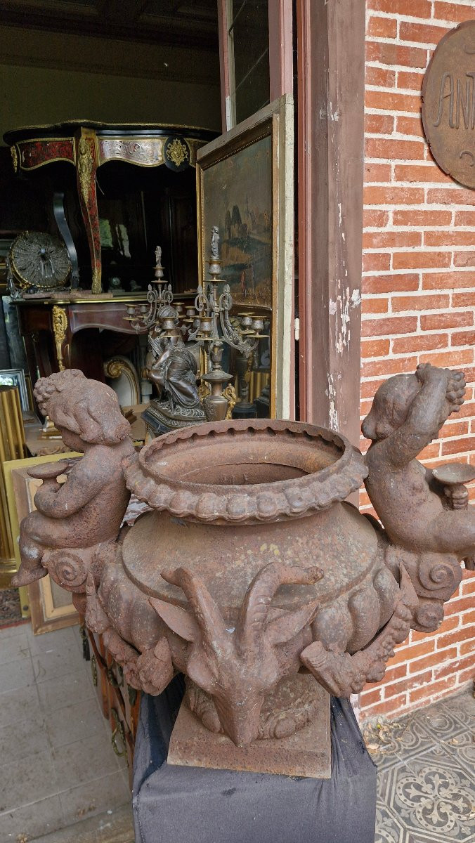 Vase medicis en fonte,  angelot et tête de bélier-photo-4