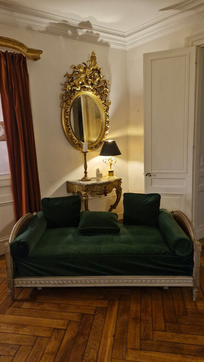 Lit de repos style Louis XVI laqué gris et canné-photo-2