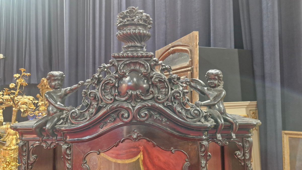 Cabinet en bois  noirci  décor angelots Napoléon III -photo-3