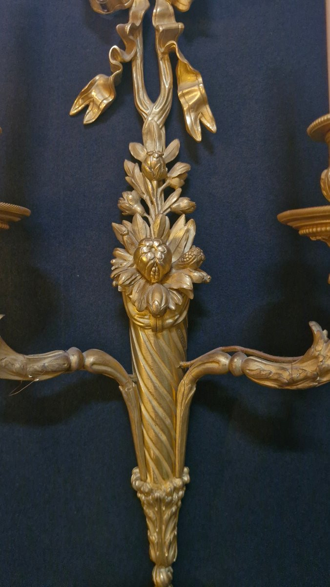 Pair Of Louis XVI Style Gilt Bronze Wall Sconces Signed Millet In Paris -photo-4