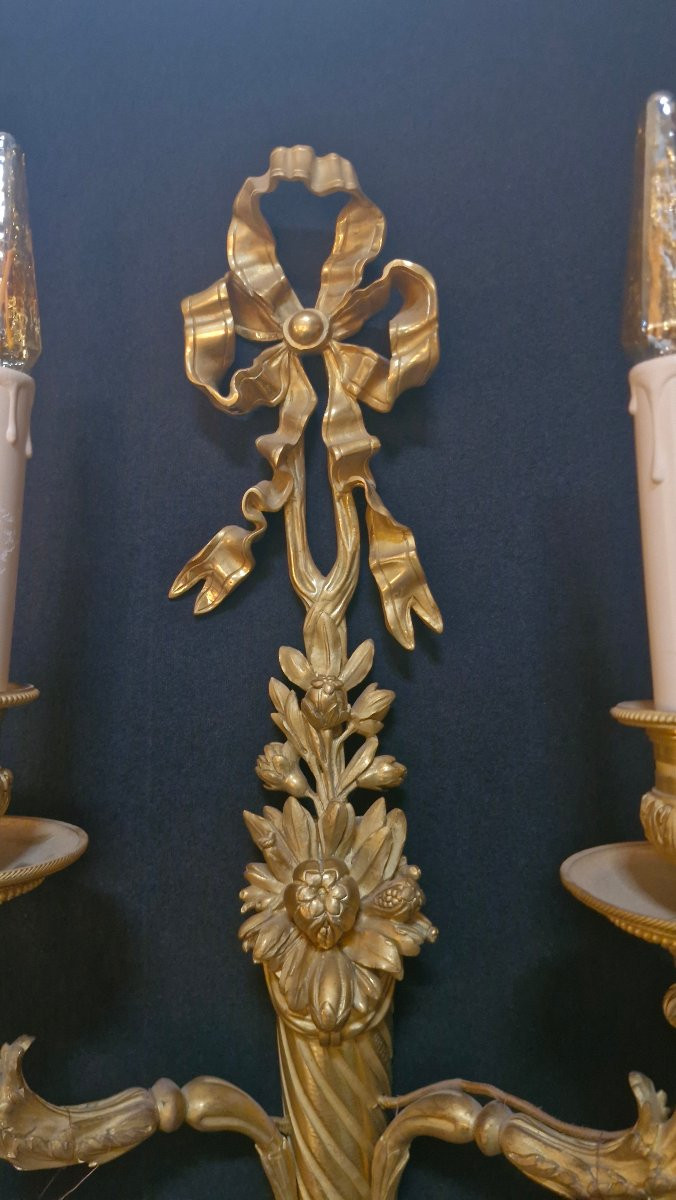 Pair Of Louis XVI Style Gilt Bronze Wall Sconces Signed Millet In Paris -photo-1
