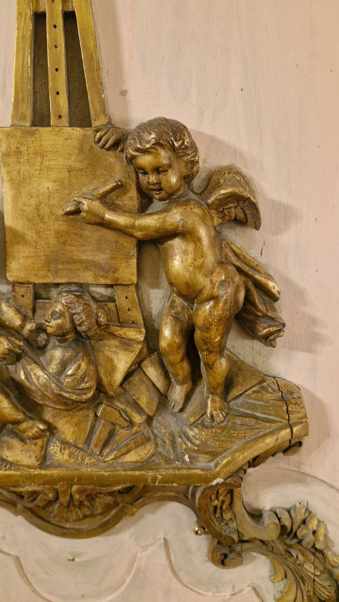 Gilded Wood Panel With Cherub Decoration, 18th Century -photo-3