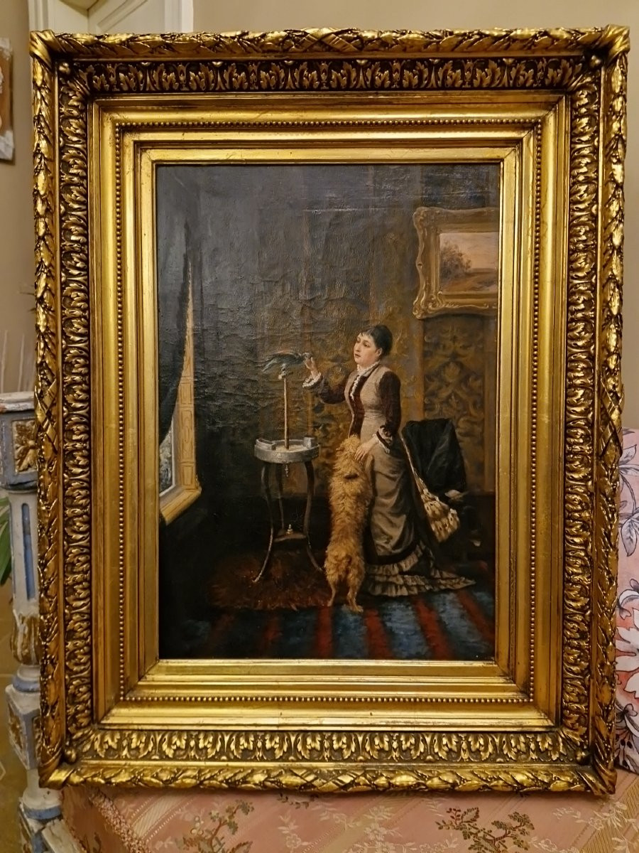 Huile sur toile scène d'intérieur femme au perroquet-photo-2