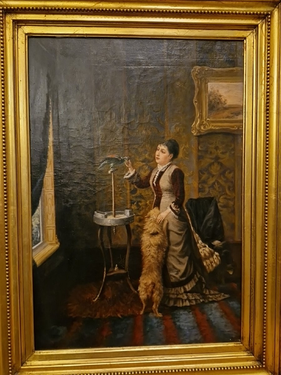 Huile sur toile scène d'intérieur femme au perroquet-photo-4