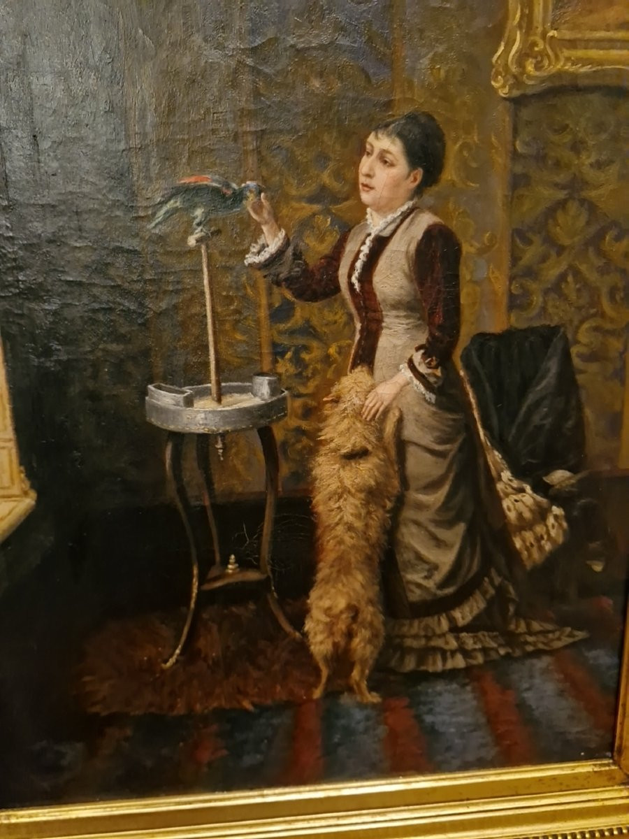 Huile sur toile scène d'intérieur femme au perroquet-photo-1