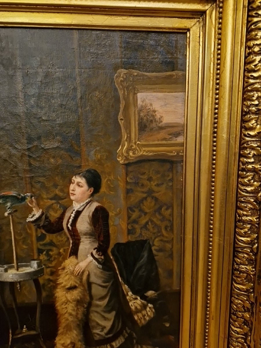 Huile sur toile scène d'intérieur femme au perroquet-photo-3