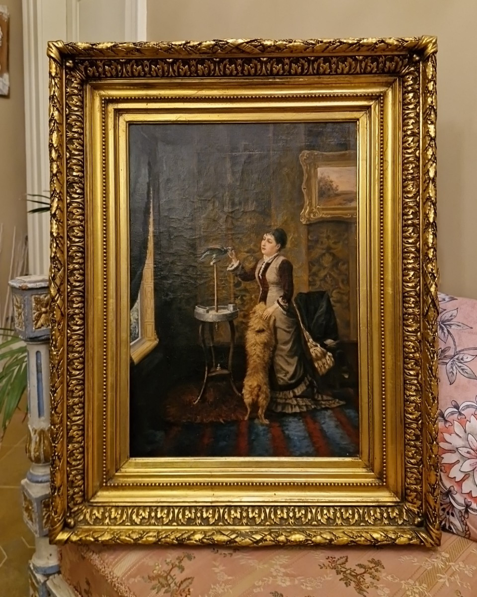 Huile sur toile scène d'intérieur femme au perroquet
