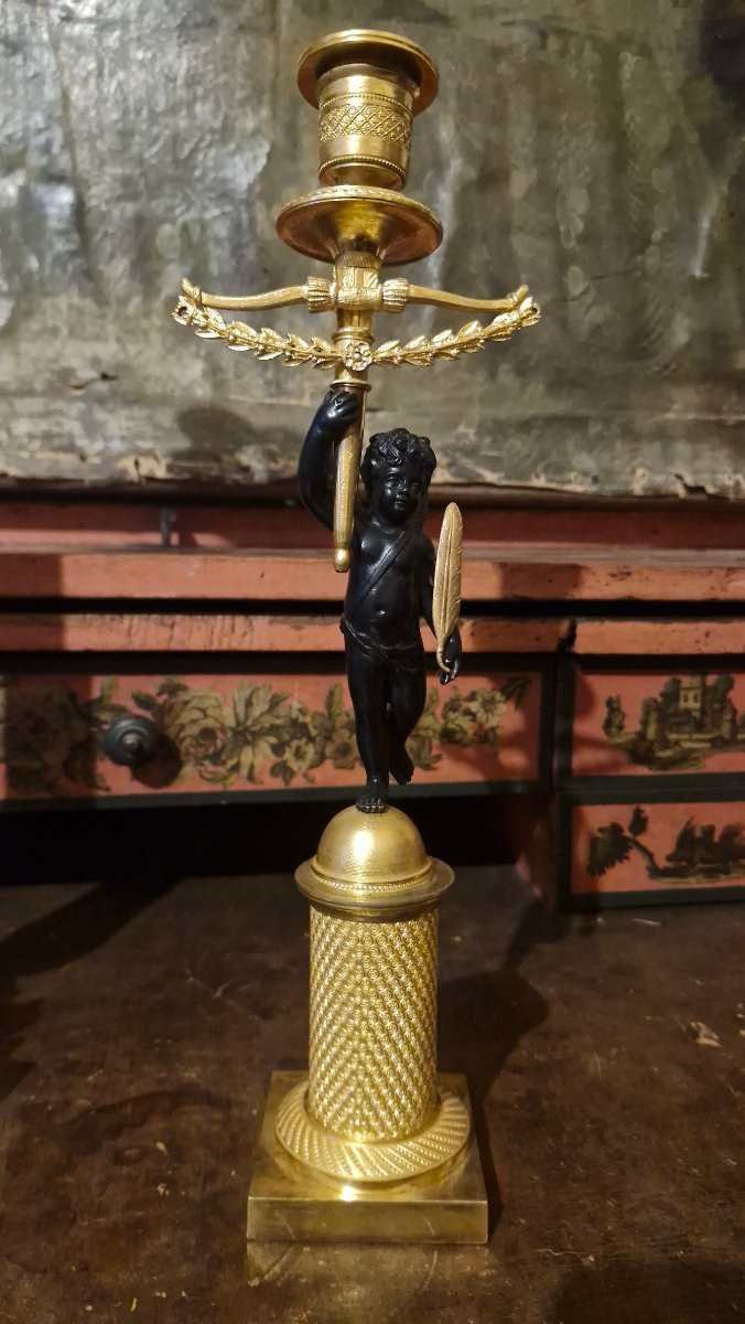 Pair Of Bronze Candlesticks Decorated With Cherubs-photo-3