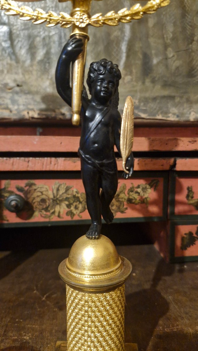 Pair Of Bronze Candlesticks Decorated With Cherubs-photo-4