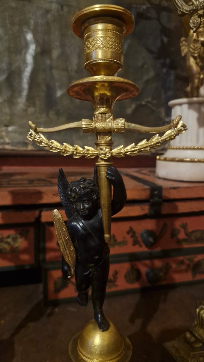 Pair Of Bronze Candlesticks Decorated With Cherubs-photo-5