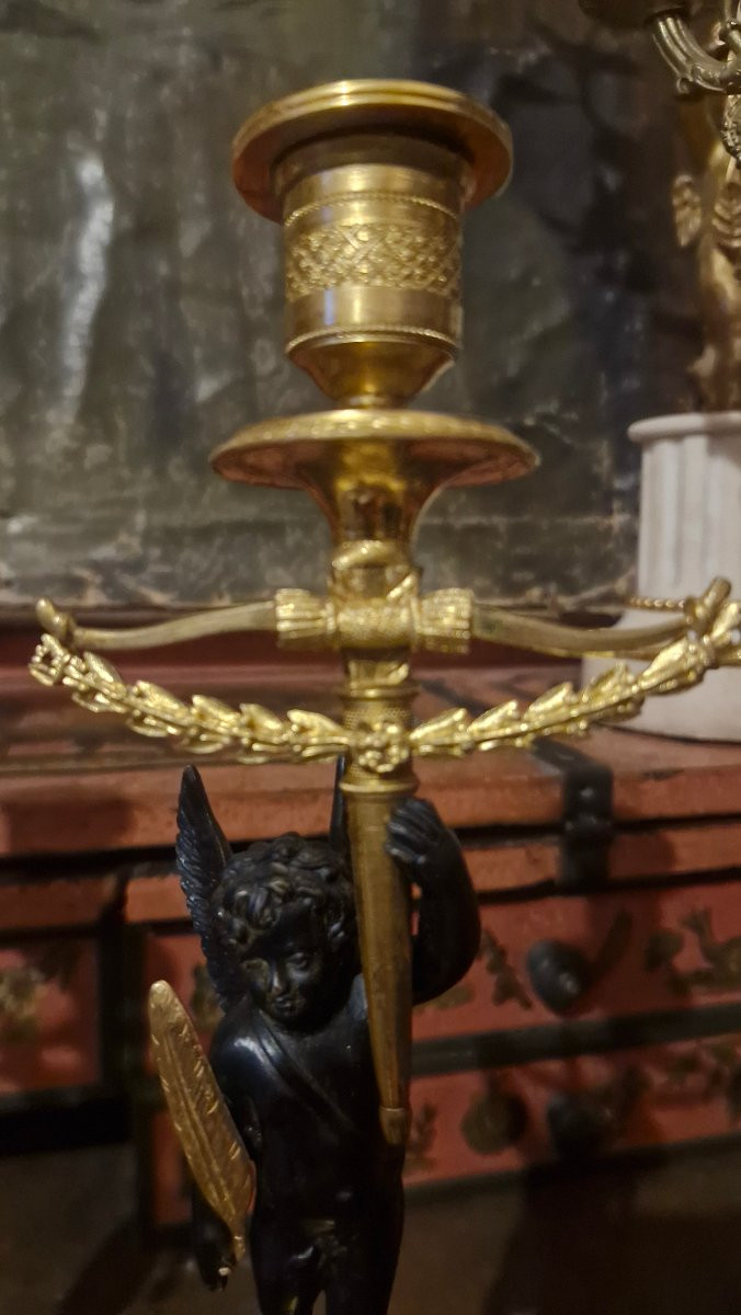 Pair Of Bronze Candlesticks Decorated With Cherubs-photo-6