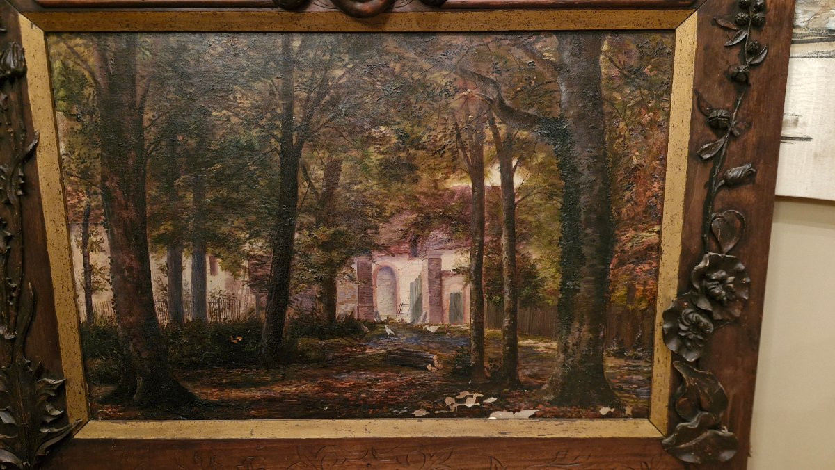 Huile sur toile Représentant un paysage, Cadre gothique-photo-2