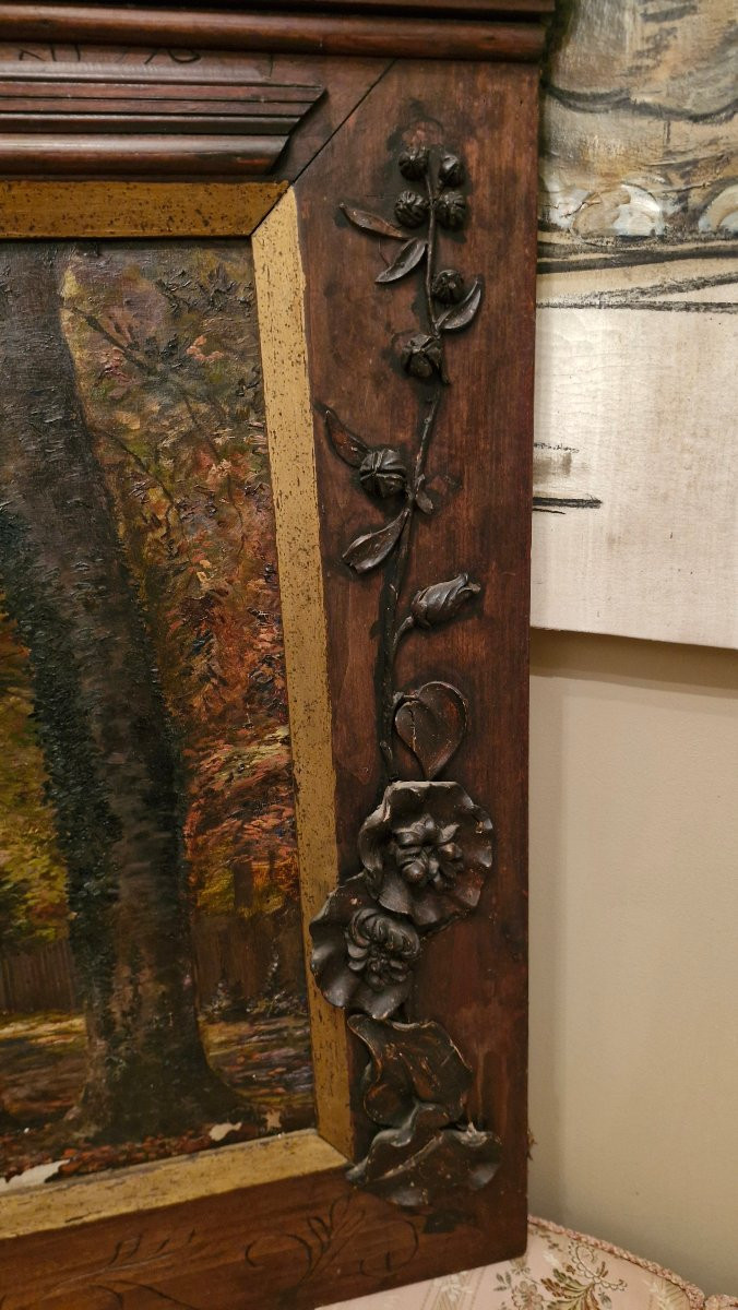 Huile sur toile Représentant un paysage, Cadre gothique-photo-4