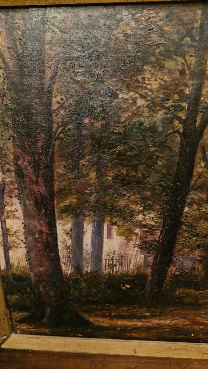 Huile sur toile Représentant un paysage, Cadre gothique-photo-2