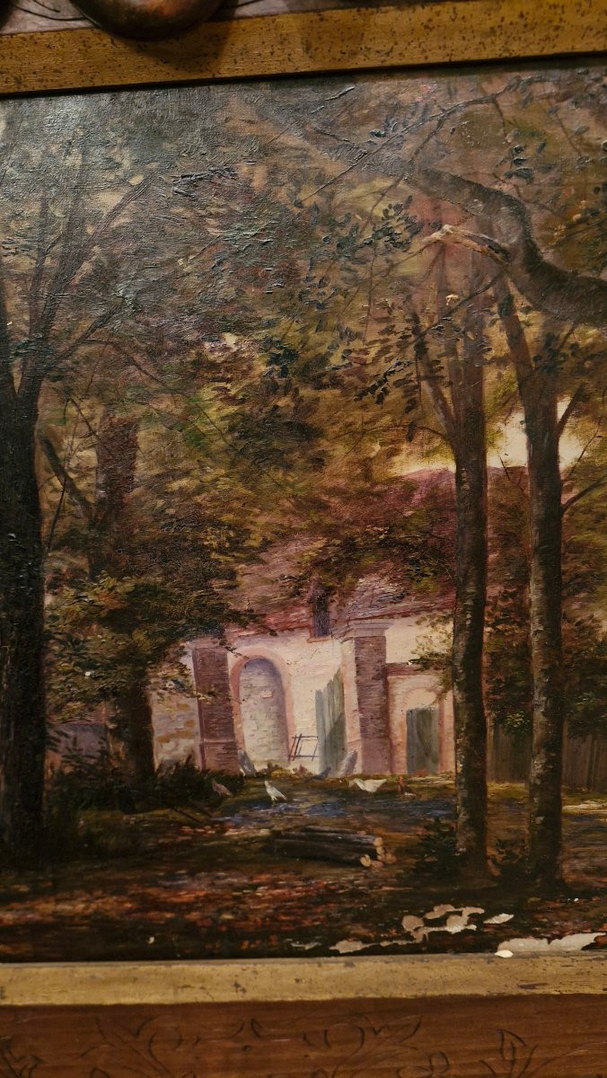 Huile sur toile Représentant un paysage, Cadre gothique-photo-4