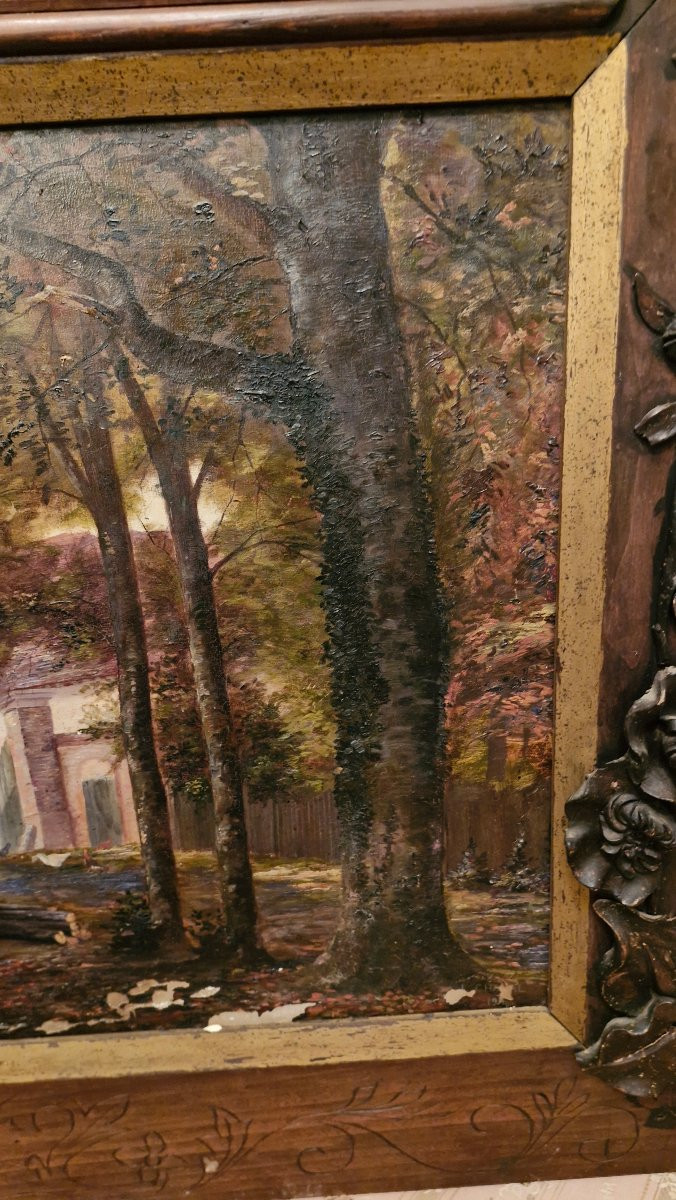 Huile sur toile Représentant un paysage, Cadre gothique-photo-5